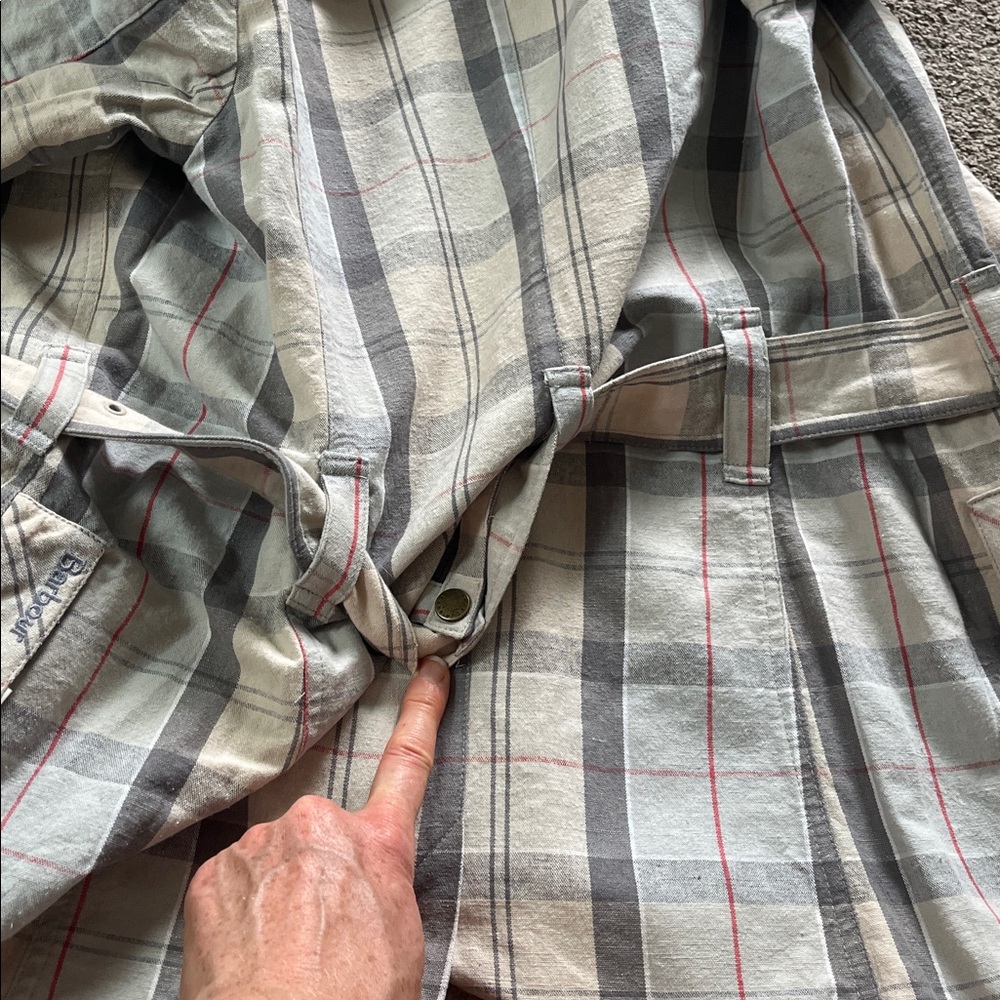 Classic Barbour Pastel Plaid sz4 Cotton Linen Tortoiseshell Hardware Trench EUC - Picture 15 of 16